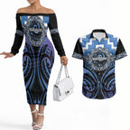 Aotearoa Ngaruahine Personalised Couples Matching Off The Shoulder Long Sleeve Dress and Hawaiian Shirt Maori Iwi Poutama Puhoro Tattoo