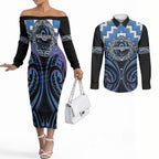 Aotearoa Ngaruahine Personalised Couples Matching Off The Shoulder Long Sleeve Dress and Long Sleeve Button Shirt Maori Iwi Poutama Puhoro Tattoo