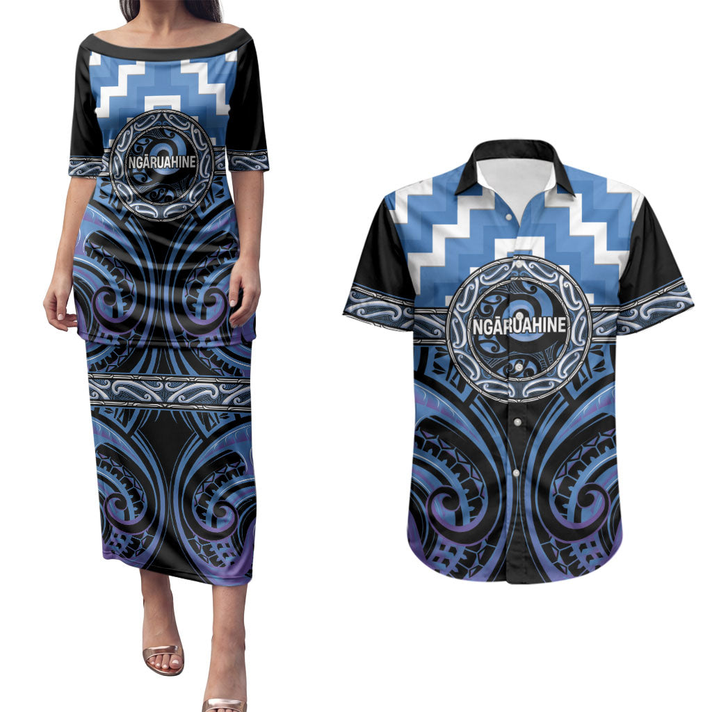 Aotearoa Ngaruahine Personalised Couples Matching Puletasi and Hawaiian Shirt Maori Iwi Poutama Puhoro Tattoo
