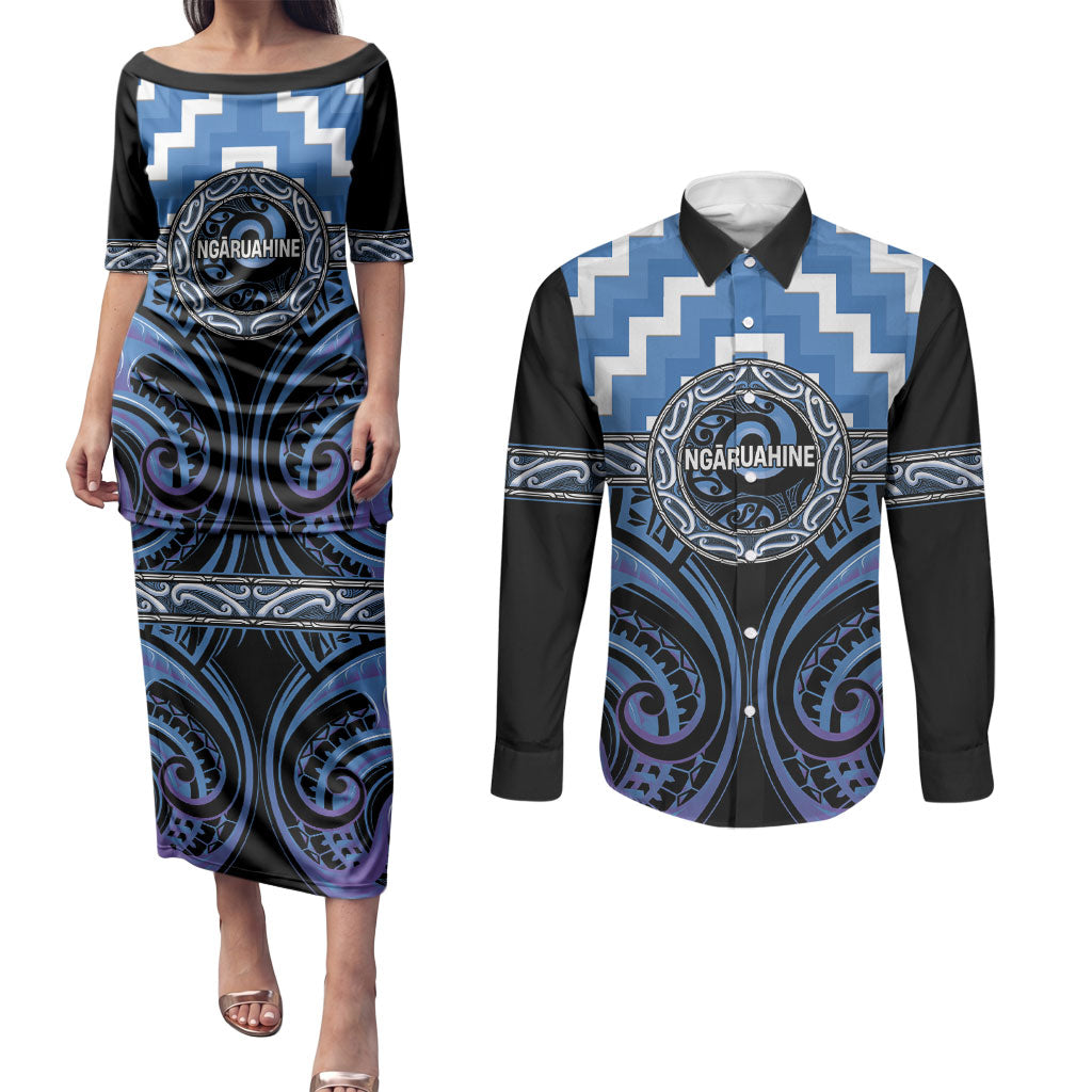 Aotearoa Ngaruahine Personalised Couples Matching Puletasi and Long Sleeve Button Shirt Maori Iwi Poutama Puhoro Tattoo