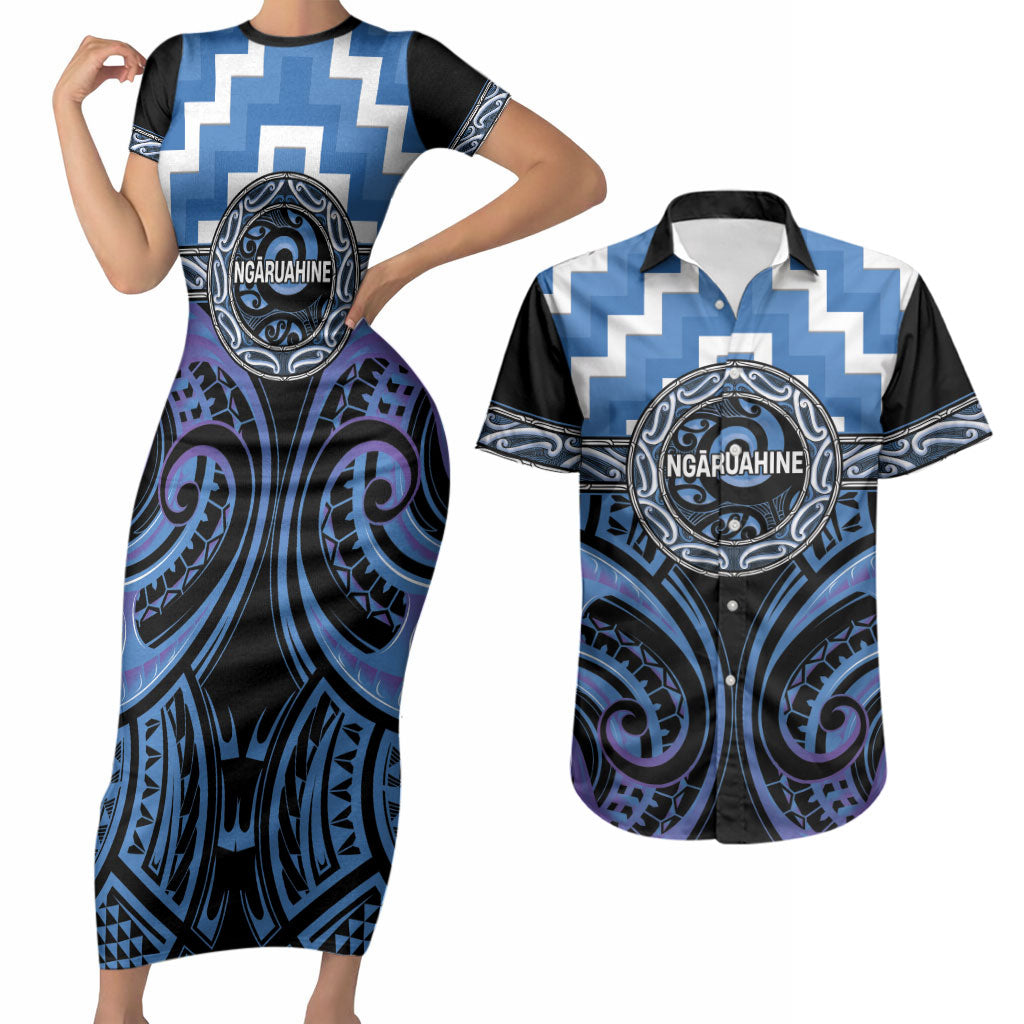 Aotearoa Ngaruahine Personalised Couples Matching Short Sleeve Bodycon Dress and Hawaiian Shirt Maori Iwi Poutama Puhoro Tattoo