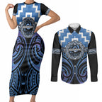 Aotearoa Ngaruahine Personalised Couples Matching Short Sleeve Bodycon Dress and Long Sleeve Button Shirt Maori Iwi Poutama Puhoro Tattoo