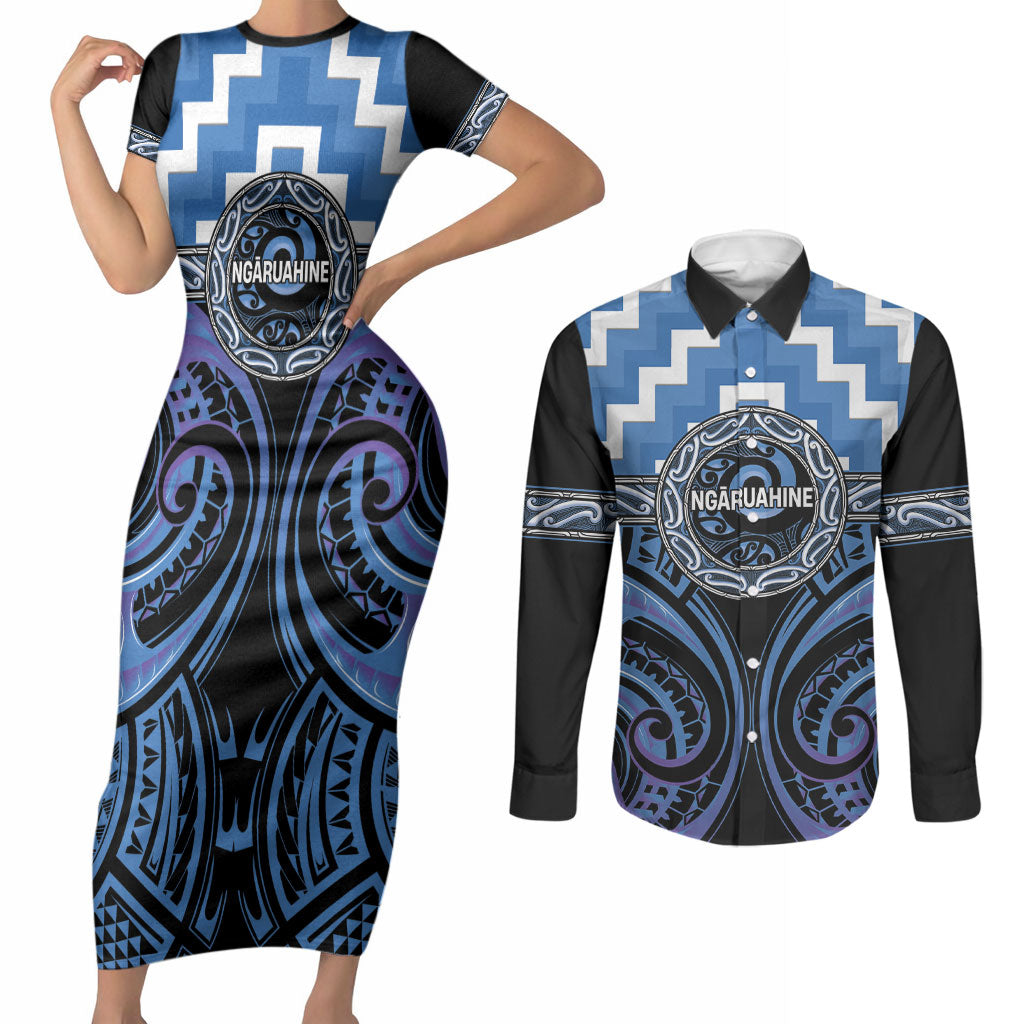 Aotearoa Ngaruahine Personalised Couples Matching Short Sleeve Bodycon Dress and Long Sleeve Button Shirt Maori Iwi Poutama Puhoro Tattoo