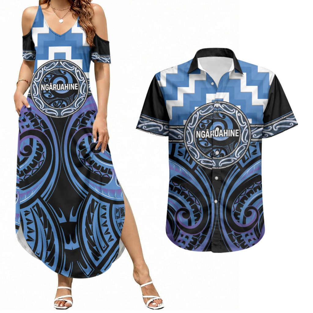 Aotearoa Ngaruahine Personalised Couples Matching Summer Maxi Dress and Hawaiian Shirt Maori Iwi Poutama Puhoro Tattoo
