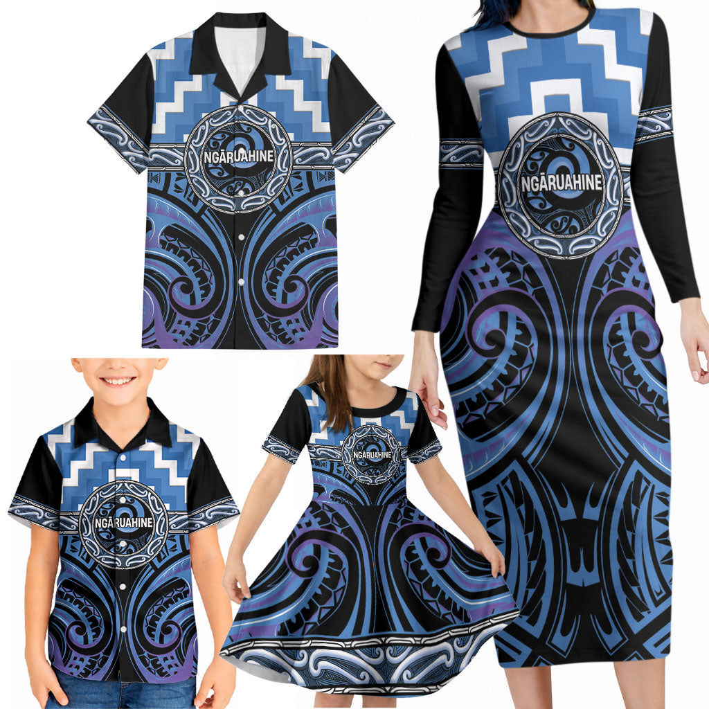 Aotearoa Ngaruahine Personalised Family Matching Long Sleeve Bodycon Dress and Hawaiian Shirt Maori Iwi Poutama Puhoro Tattoo