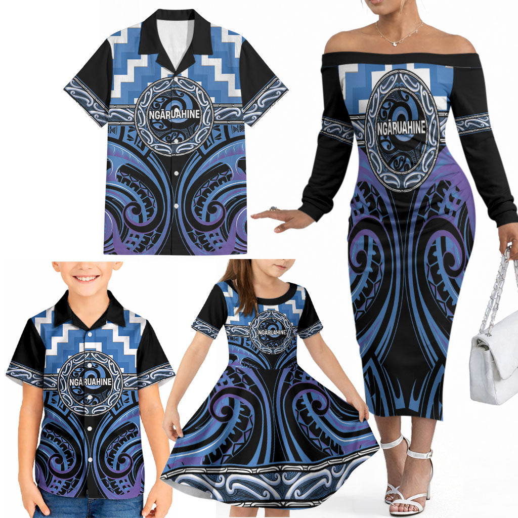 Aotearoa Ngaruahine Personalised Family Matching Off The Shoulder Long Sleeve Dress and Hawaiian Shirt Maori Iwi Poutama Puhoro Tattoo