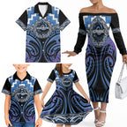 Aotearoa Ngaruahine Personalised Family Matching Off The Shoulder Long Sleeve Dress and Hawaiian Shirt Maori Iwi Poutama Puhoro Tattoo