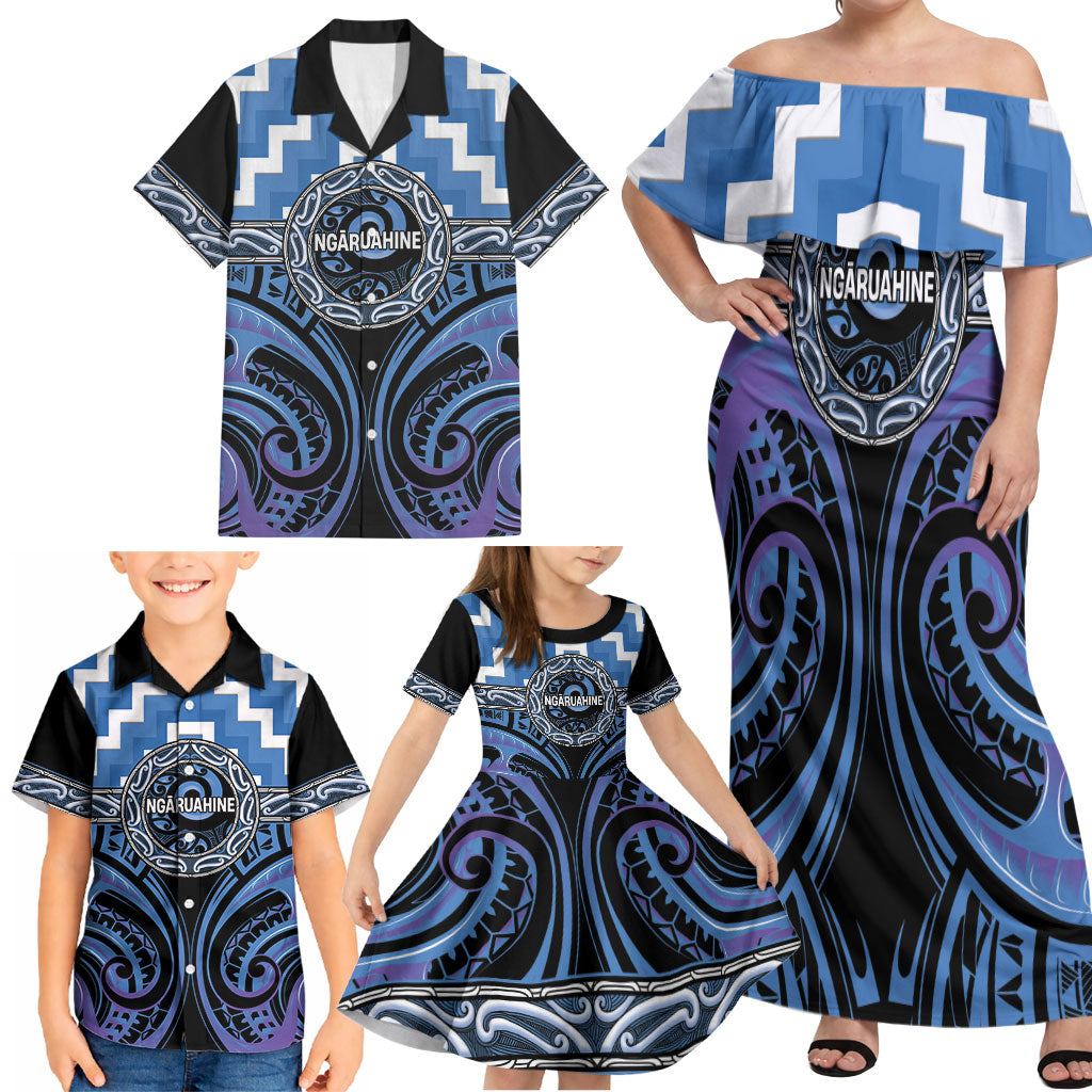 Aotearoa Ngaruahine Personalised Family Matching Off Shoulder Maxi Dress and Hawaiian Shirt Maori Iwi Poutama Puhoro Tattoo