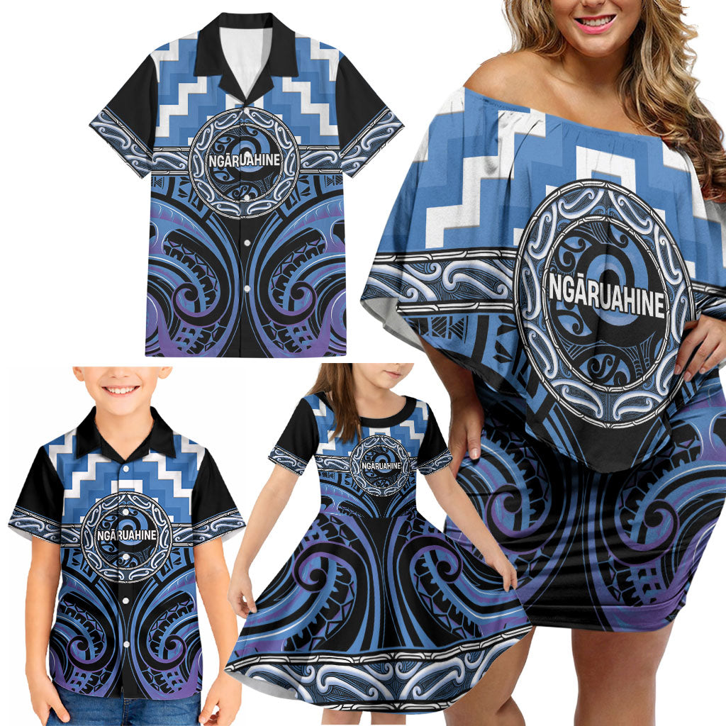 Aotearoa Ngaruahine Personalised Family Matching Off Shoulder Short Dress and Hawaiian Shirt Maori Iwi Poutama Puhoro Tattoo