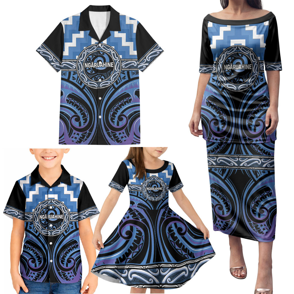 Aotearoa Ngaruahine Personalised Family Matching Puletasi and Hawaiian Shirt Maori Iwi Poutama Puhoro Tattoo