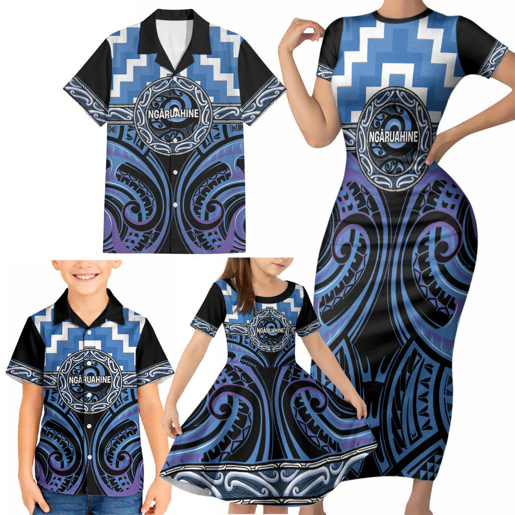 Aotearoa Ngaruahine Personalised Family Matching Short Sleeve Bodycon Dress and Hawaiian Shirt Maori Iwi Poutama Puhoro Tattoo