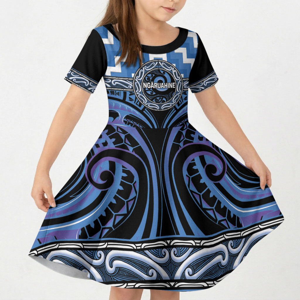 Aotearoa Ngaruahine Personalised Kid Short Sleeve Dress Maori Iwi Poutama Puhoro Tattoo