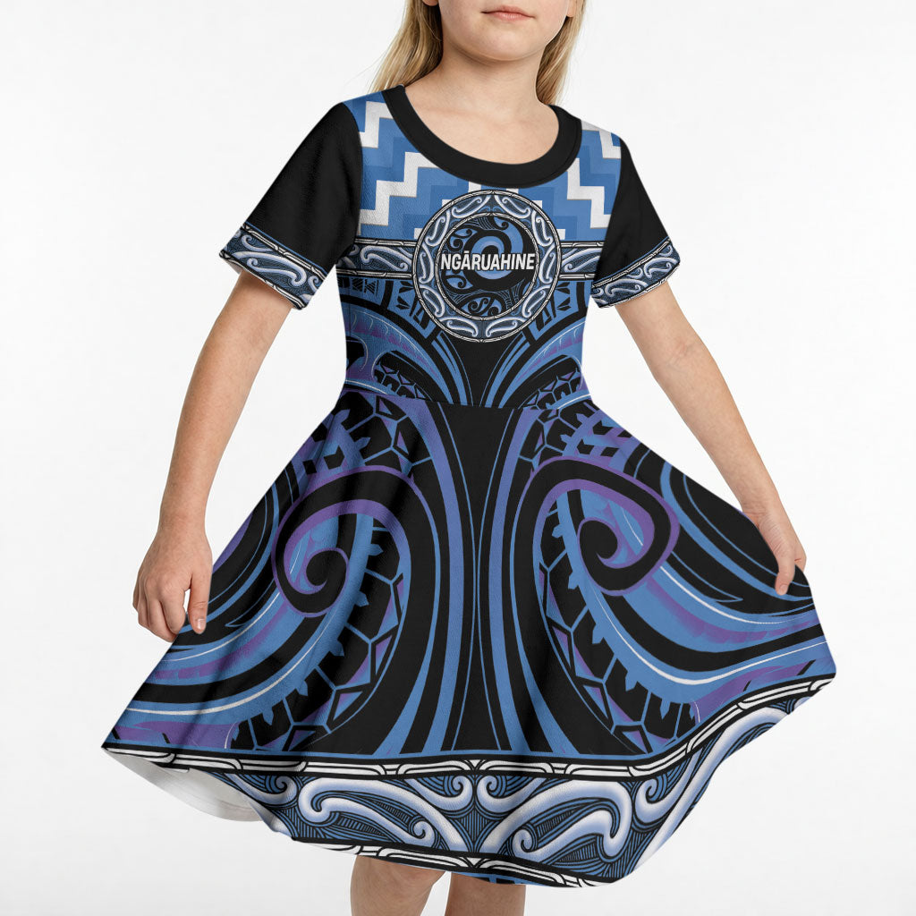 Aotearoa Ngaruahine Personalised Kid Short Sleeve Dress Maori Iwi Poutama Puhoro Tattoo