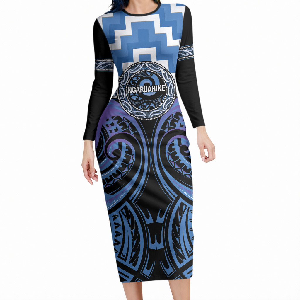 Aotearoa Ngaruahine Personalised Long Sleeve Bodycon Dress Maori Iwi Poutama Puhoro Tattoo