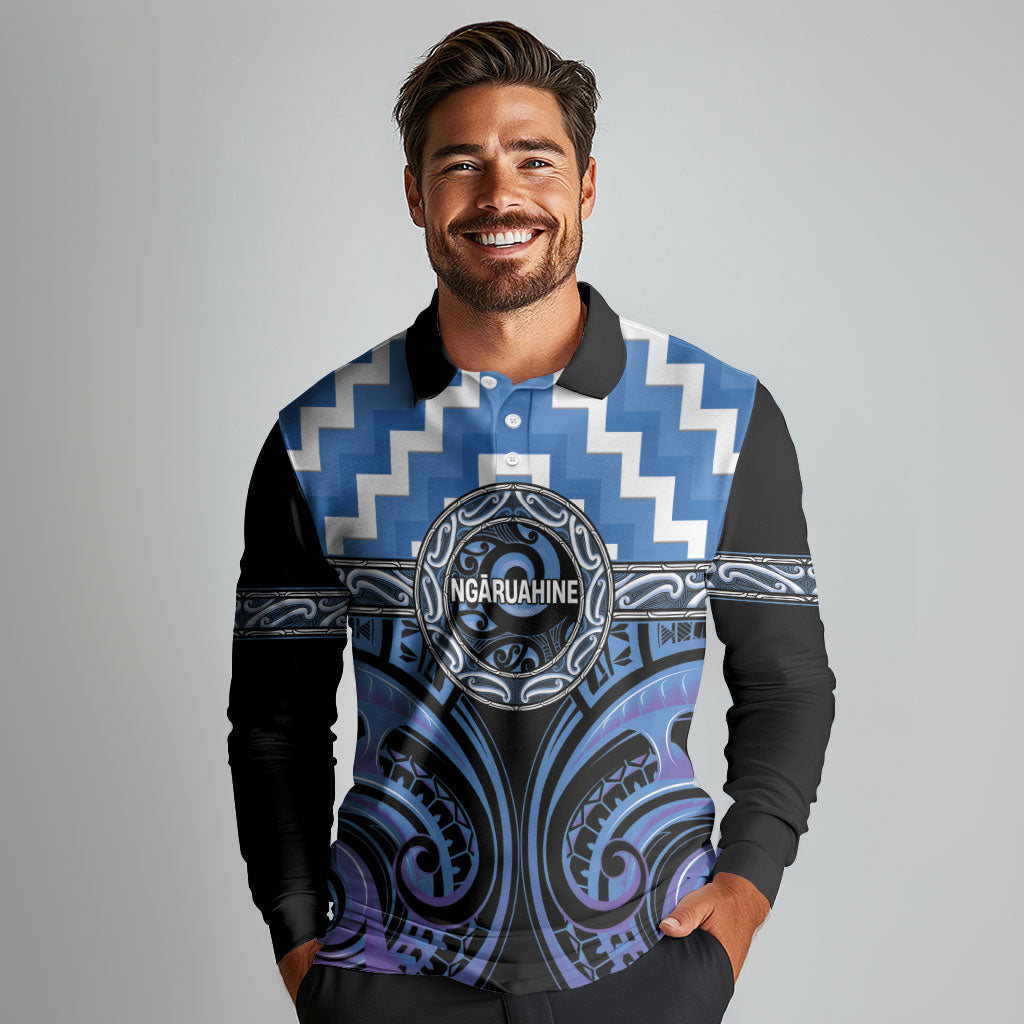 Aotearoa Ngaruahine Personalised Long Sleeve Polo Shirt Maori Iwi Poutama Puhoro Tattoo