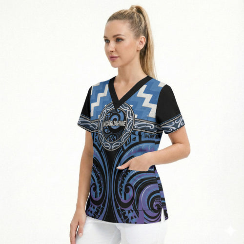 Aotearoa Ngaruahine Personalised Scrub Top Maori Iwi Poutama Puhoro Tattoo
