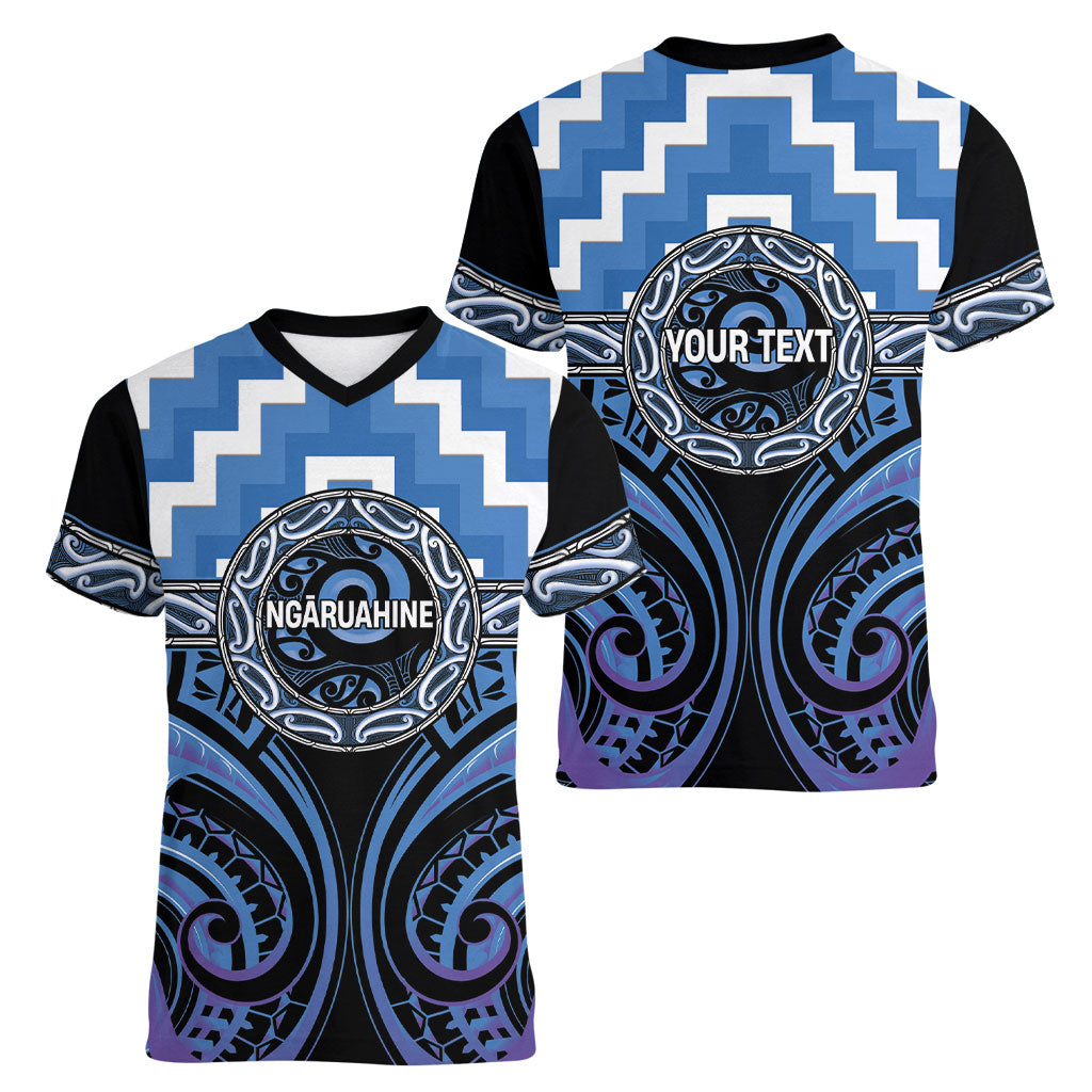 Aotearoa Ngaruahine Personalised Women V-Neck T-Shirt Maori Iwi Poutama Puhoro Tattoo