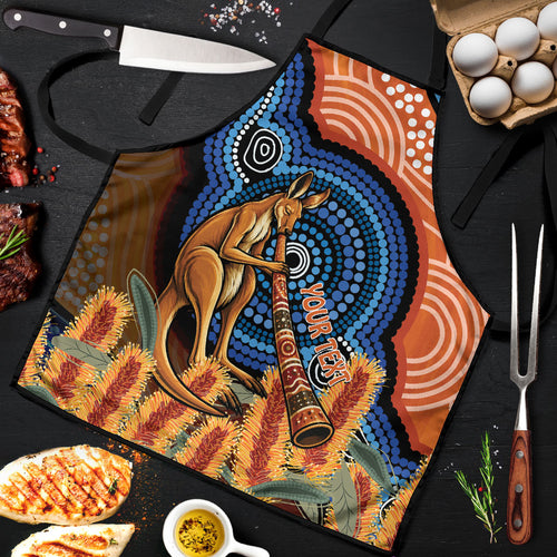 Personalised Australia Kangaroo Didgeridoo Apron Bottlebrush Flowers Indigenous Art