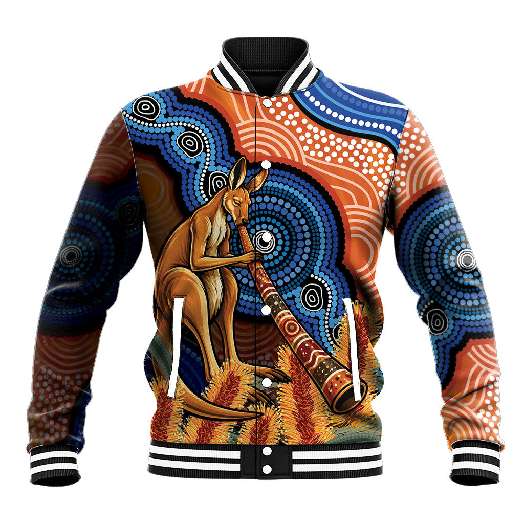 Personalised Australia Kangaroo Didgeridoo Baseball Jacket Bottlebrush Flowers Indigenous Art