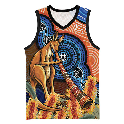 Personalised Australia Kangaroo Didgeridoo Basketball Jersey Bottlebrush Flowers Indigenous Art