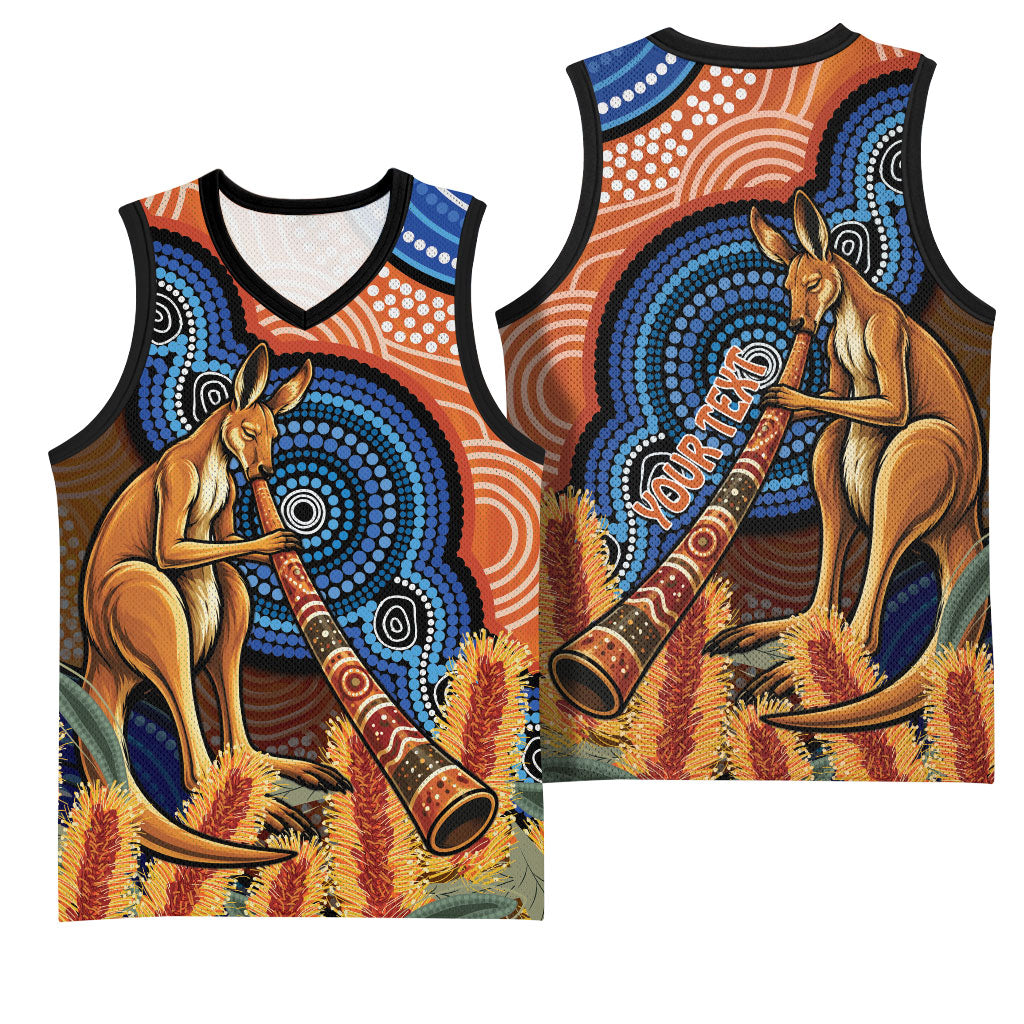 Personalised Australia Kangaroo Didgeridoo Basketball Jersey Bottlebrush Flowers Indigenous Art