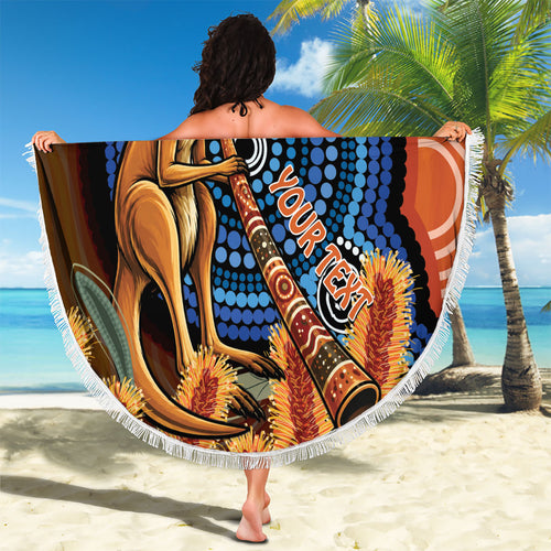 Personalised Australia Kangaroo Didgeridoo Beach Blanket Bottlebrush Flowers Indigenous Art