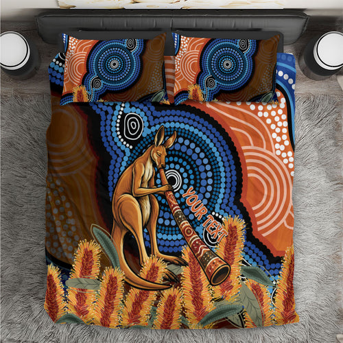 Personalised Australia Kangaroo Didgeridoo Bedding Set Bottlebrush Flowers Indigenous Art