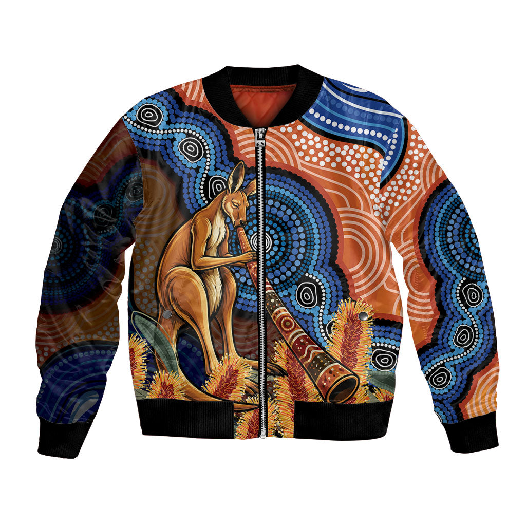 Personalised Australia Kangaroo Didgeridoo Bomber Jacket Bottlebrush Flowers Indigenous Art