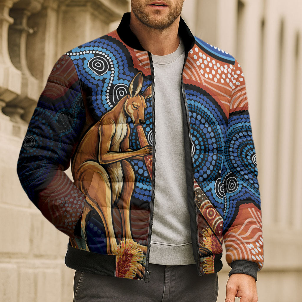 Personalised Australia Kangaroo Didgeridoo Bomber Puffer Jacket Bottlebrush Flowers Indigenous Art