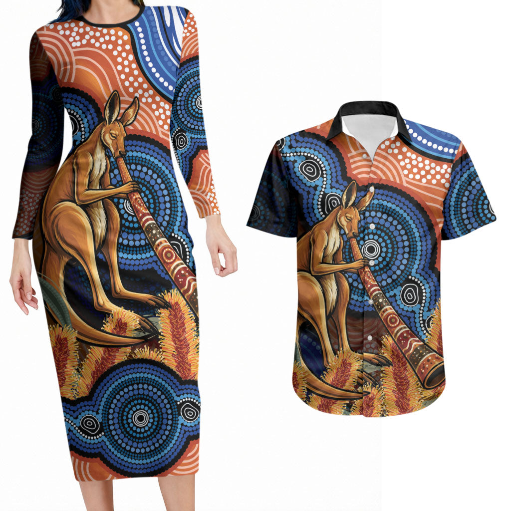 Personalised Australia Kangaroo Didgeridoo Couples Matching Long Sleeve Bodycon Dress and Hawaiian Shirt Bottlebrush Flowers Indigenous Art