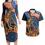 Personalised Australia Kangaroo Didgeridoo Couples Matching Long Sleeve Bodycon Dress and Hawaiian Shirt Bottlebrush Flowers Indigenous Art