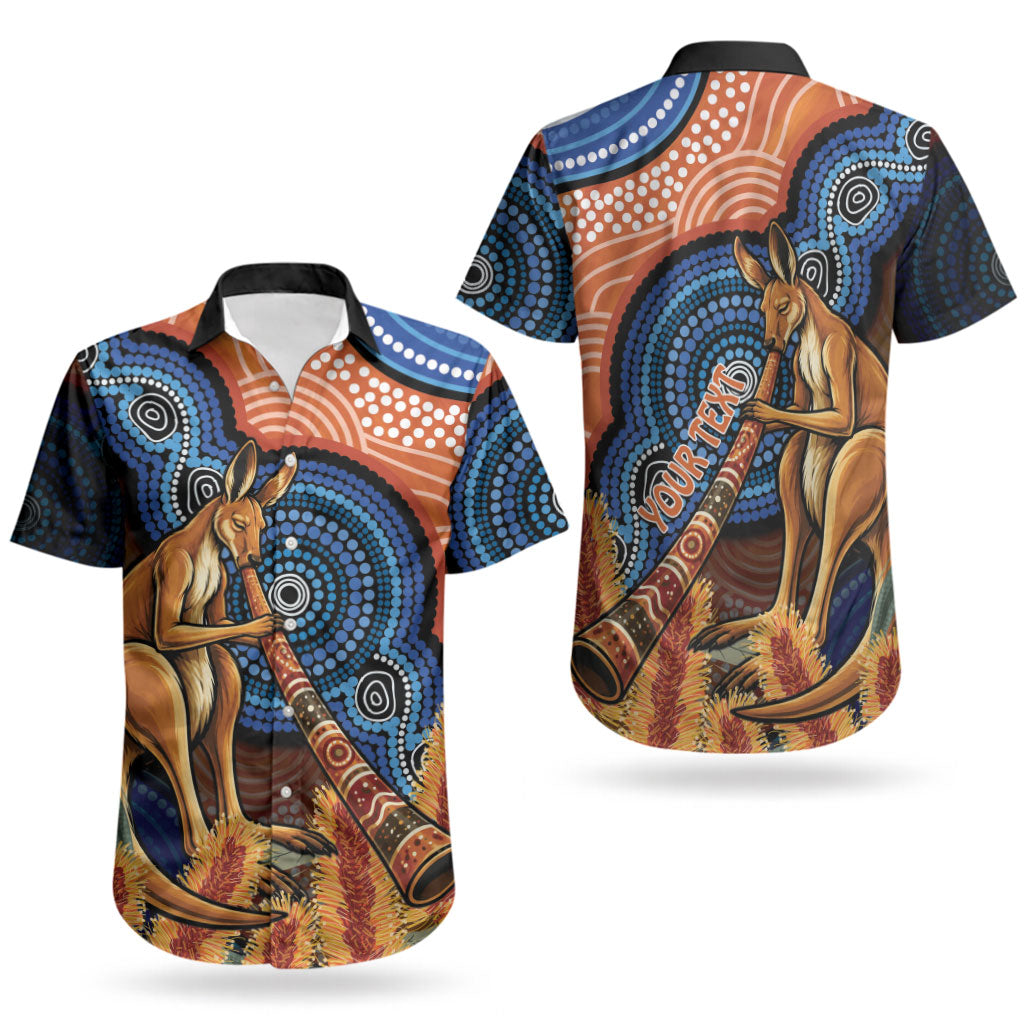 Personalised Australia Kangaroo Didgeridoo Couples Matching Long Sleeve Bodycon Dress and Hawaiian Shirt Bottlebrush Flowers Indigenous Art