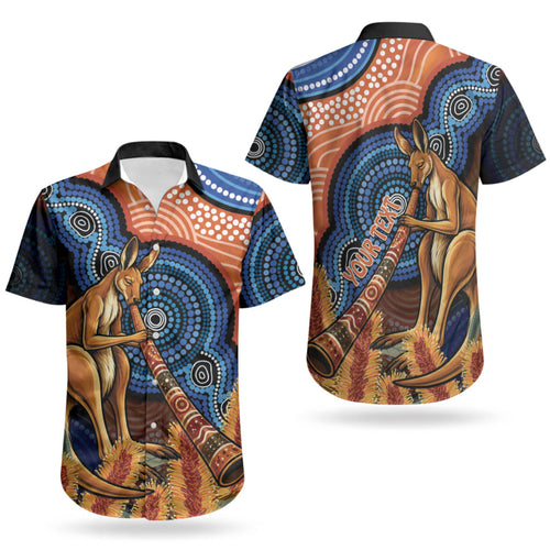 Personalised Australia Kangaroo Didgeridoo Couples Matching Long Sleeve Bodycon Dress and Hawaiian Shirt Bottlebrush Flowers Indigenous Art