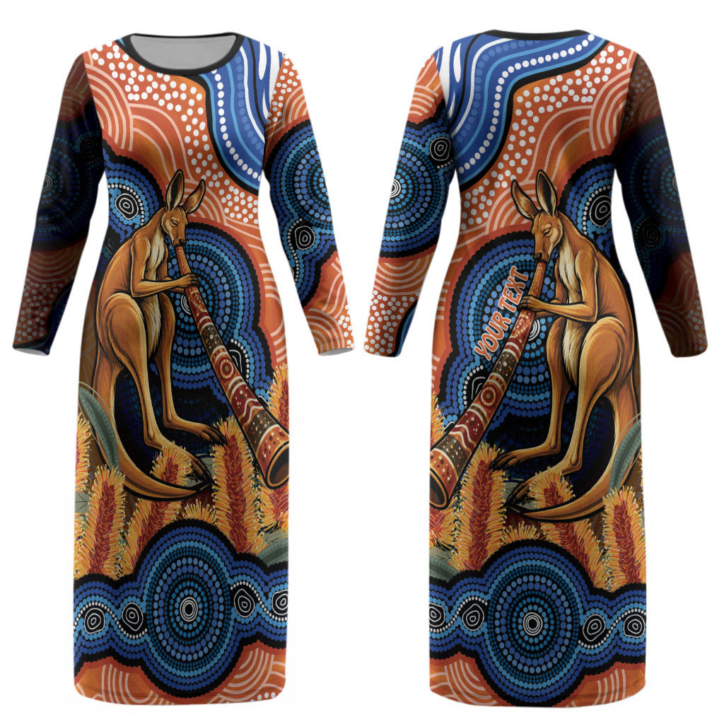 Personalised Australia Kangaroo Didgeridoo Couples Matching Long Sleeve Bodycon Dress and Hawaiian Shirt Bottlebrush Flowers Indigenous Art