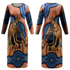 Personalised Australia Kangaroo Didgeridoo Couples Matching Long Sleeve Bodycon Dress and Hawaiian Shirt Bottlebrush Flowers Indigenous Art