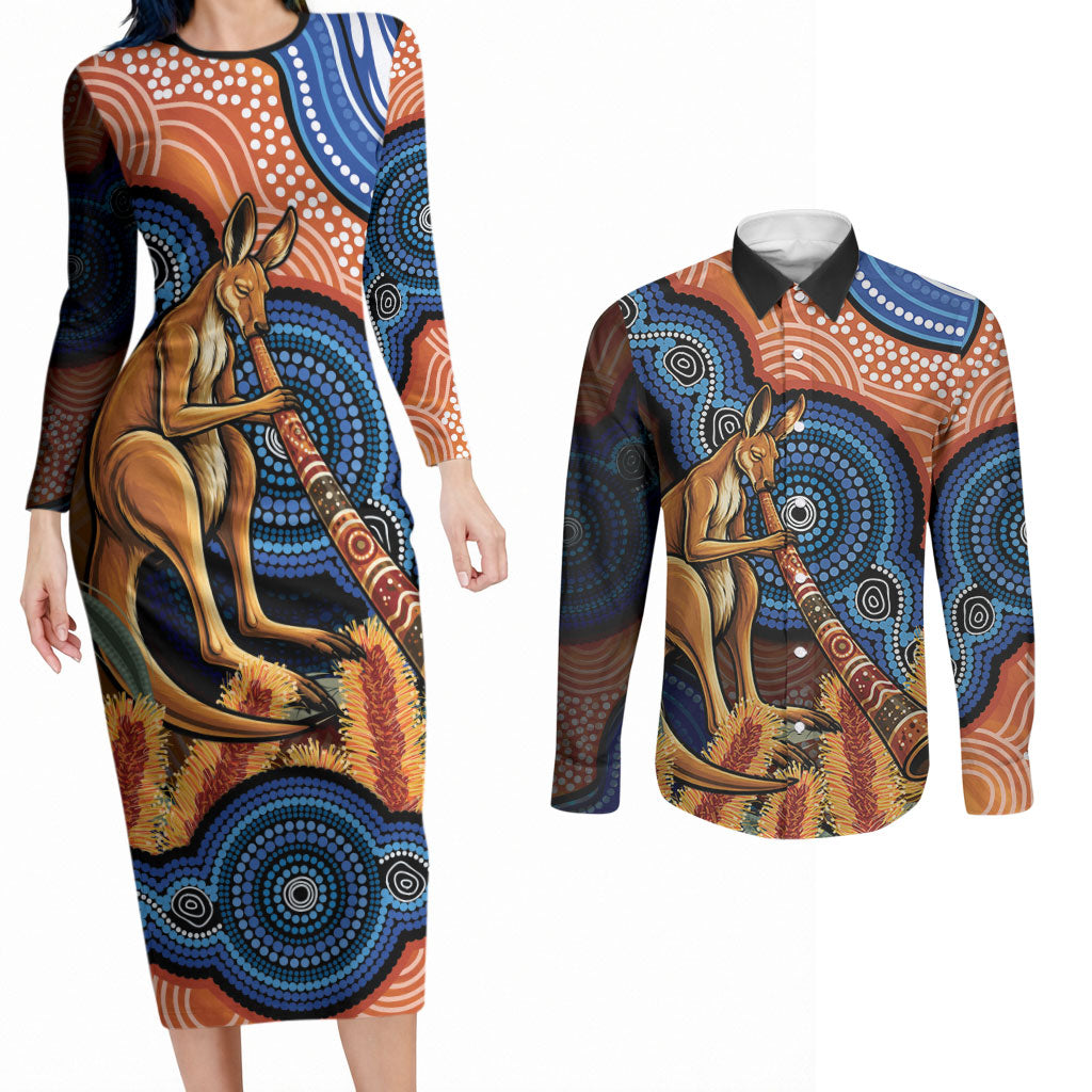 Personalised Australia Kangaroo Didgeridoo Couples Matching Long Sleeve Bodycon Dress and Long Sleeve Button Shirt Bottlebrush Flowers Indigenous Art