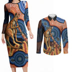 Personalised Australia Kangaroo Didgeridoo Couples Matching Long Sleeve Bodycon Dress and Long Sleeve Button Shirt Bottlebrush Flowers Indigenous Art