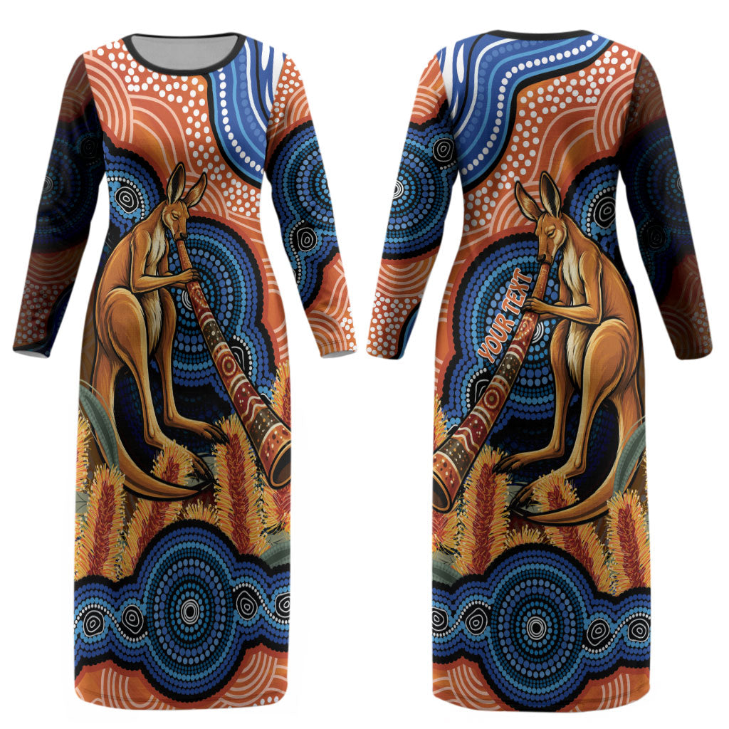 Personalised Australia Kangaroo Didgeridoo Couples Matching Long Sleeve Bodycon Dress and Long Sleeve Button Shirt Bottlebrush Flowers Indigenous Art