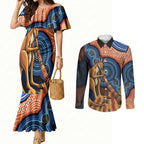 Personalised Australia Kangaroo Didgeridoo Couples Matching Mermaid Dress and Long Sleeve Button Shirt Bottlebrush Flowers Indigenous Art