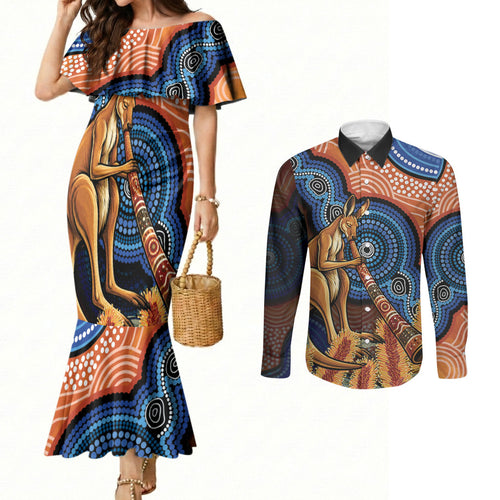 Personalised Australia Kangaroo Didgeridoo Couples Matching Mermaid Dress and Long Sleeve Button Shirt Bottlebrush Flowers Indigenous Art