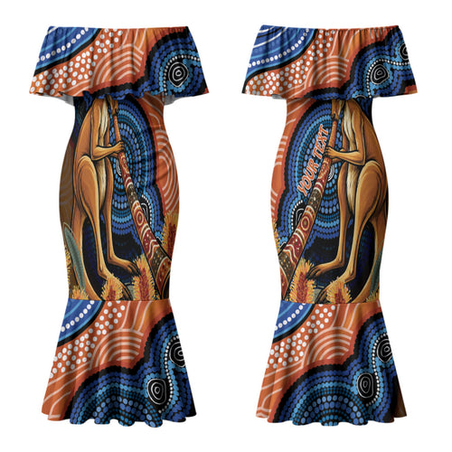 Personalised Australia Kangaroo Didgeridoo Couples Matching Mermaid Dress and Long Sleeve Button Shirt Bottlebrush Flowers Indigenous Art