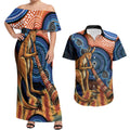 Personalised Australia Kangaroo Didgeridoo Couples Matching Off Shoulder Maxi Dress and Hawaiian Shirt Bottlebrush Flowers Indigenous Art
