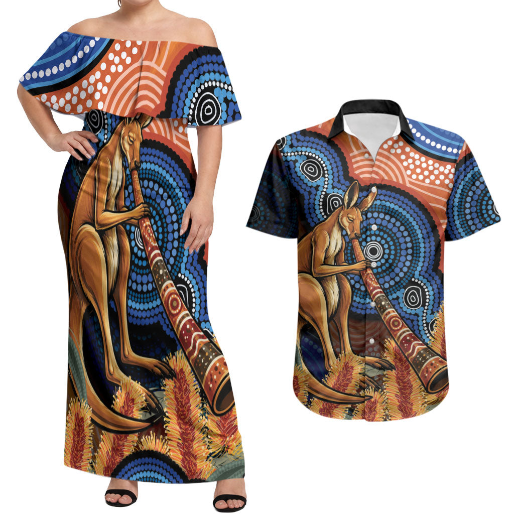 Personalised Australia Kangaroo Didgeridoo Couples Matching Off Shoulder Maxi Dress and Hawaiian Shirt Bottlebrush Flowers Indigenous Art