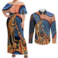 Personalised Australia Kangaroo Didgeridoo Couples Matching Off Shoulder Maxi Dress and Long Sleeve Button Shirt Bottlebrush Flowers Indigenous Art