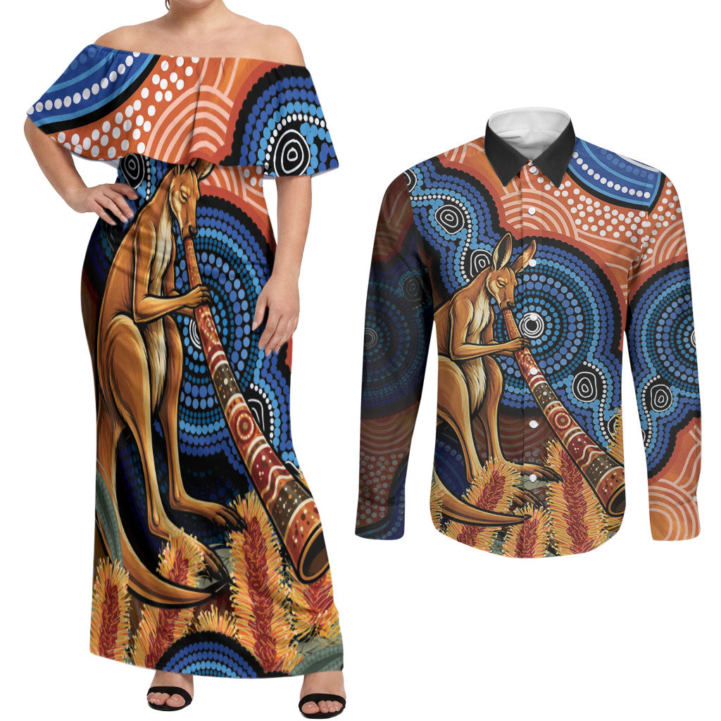 Personalised Australia Kangaroo Didgeridoo Couples Matching Off Shoulder Maxi Dress and Long Sleeve Button Shirt Bottlebrush Flowers Indigenous Art