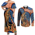 Personalised Australia Kangaroo Didgeridoo Couples Matching Off Shoulder Maxi Dress and Long Sleeve Button Shirt Bottlebrush Flowers Indigenous Art