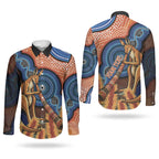 Personalised Australia Kangaroo Didgeridoo Couples Matching Off Shoulder Maxi Dress and Long Sleeve Button Shirt Bottlebrush Flowers Indigenous Art