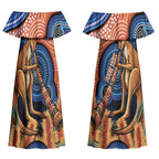 Personalised Australia Kangaroo Didgeridoo Couples Matching Off Shoulder Maxi Dress and Long Sleeve Button Shirt Bottlebrush Flowers Indigenous Art