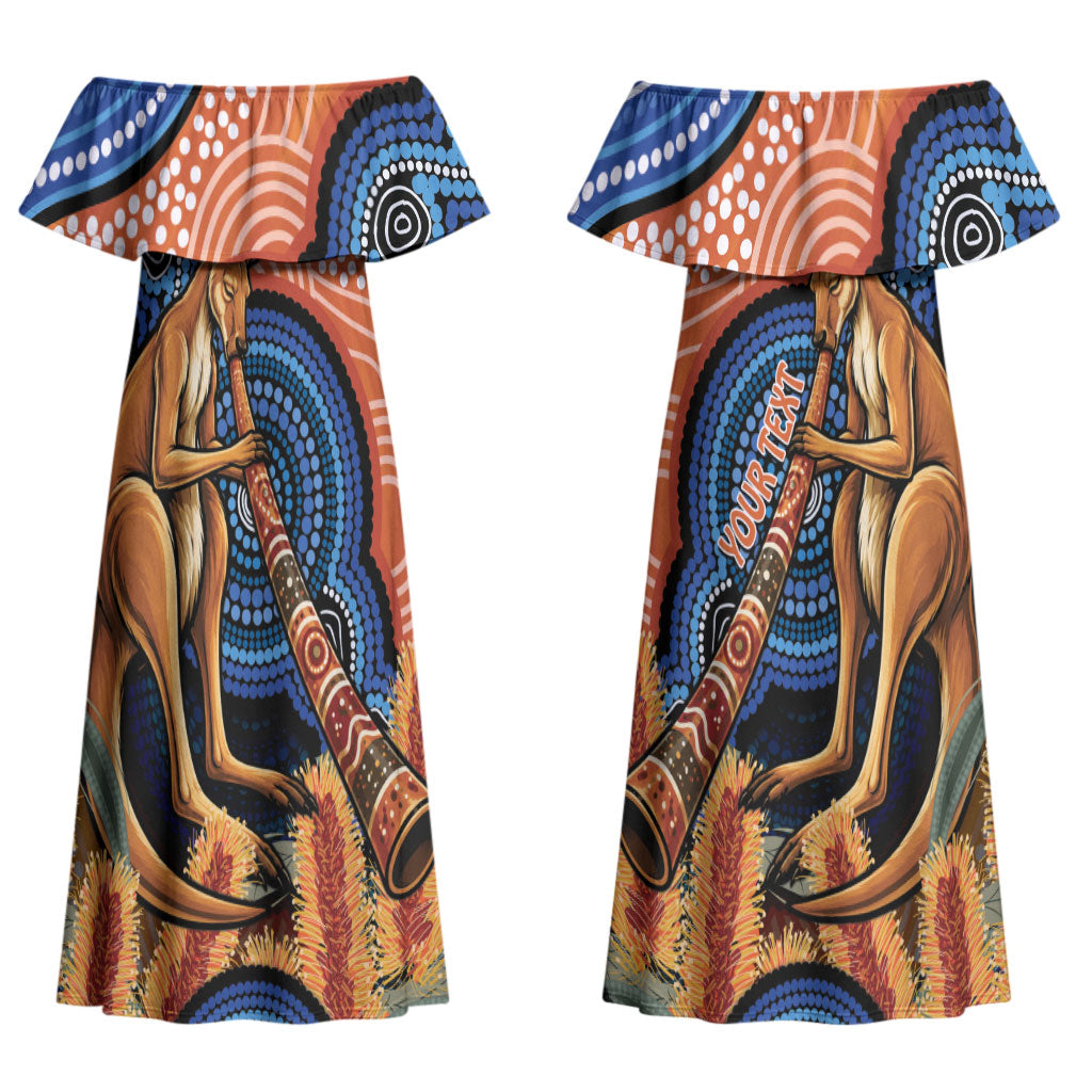 Personalised Australia Kangaroo Didgeridoo Couples Matching Off Shoulder Maxi Dress and Long Sleeve Button Shirt Bottlebrush Flowers Indigenous Art