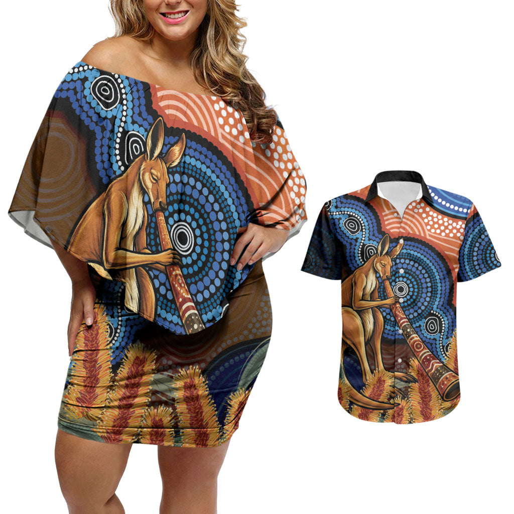 Personalised Australia Kangaroo Didgeridoo Couples Matching Off Shoulder Short Dress and Hawaiian Shirt Bottlebrush Flowers Indigenous Art